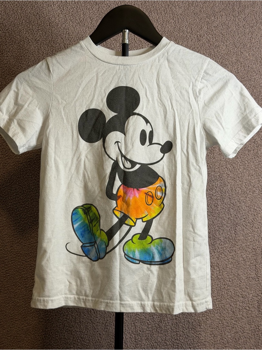 Disney Kids White Tee with Black Mickey and Multicolor Tie-Dye Shorts & Shoes
